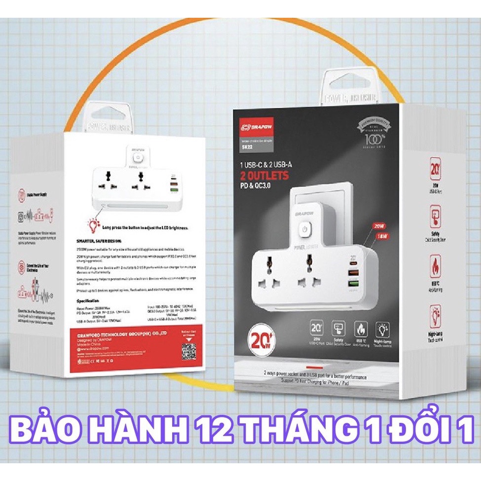 Ổ cắm điện đa năng tích hợp đèn ngủ DRAPOW SK22 thiết kế an toàn chống cháy nổ, sạc nhanh PD 20W, cổng USB 18w, 2 ổ 220v