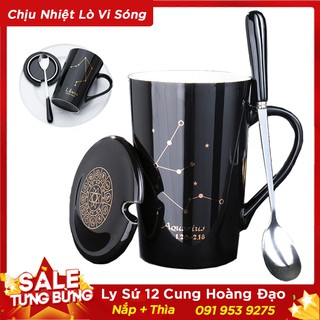 Ly cốc sứ có nắp in hình 12 cung hoàng đạo Chất sứ cao cấp Dùng được lò vi sóng