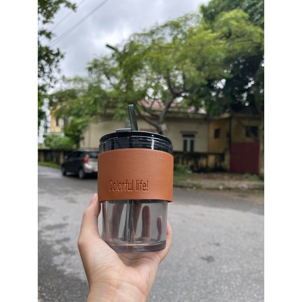 Cốc thuỷ tinh kèm Bao Da có Nắp và Ống hút tiện dụng ly thuỷ tinh dung tích 450ml uống nước cafe trà tiện dụng MinHome