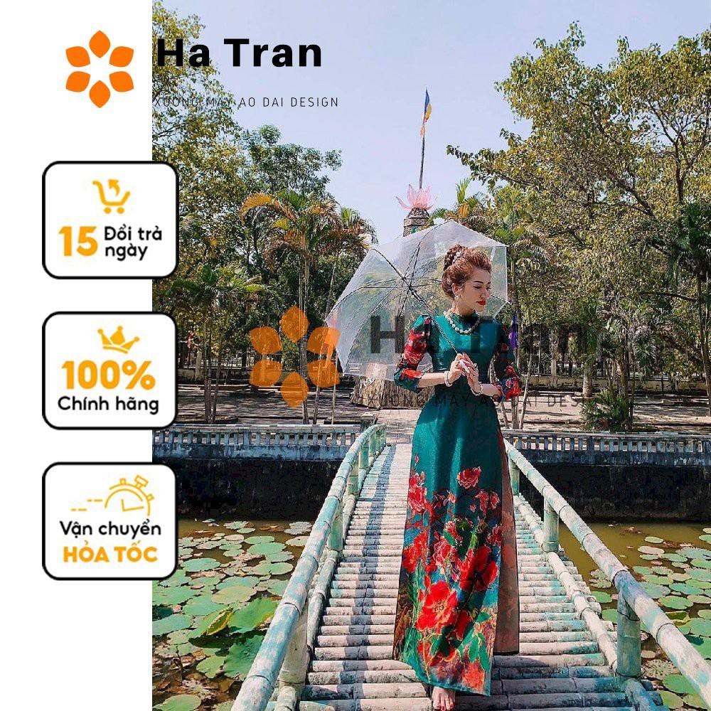 Áo dài lụa pháp tay bồng in hoa sang trọng lịch sự đi chùa đi chơi chất liệu lụa mềm mịn không nhăn không xù vải Madam