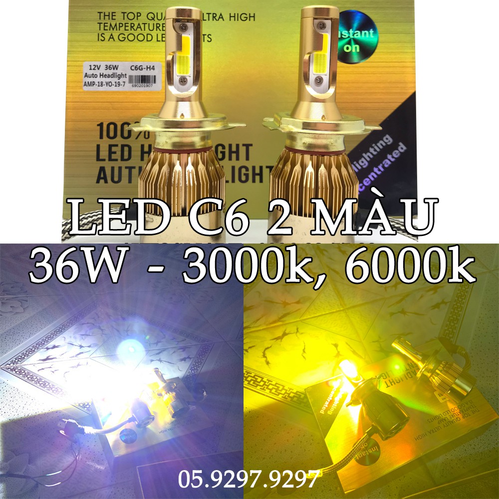 Đèn Led C6 2 màu H4 chống chói tăng sáng cho ô tô xe máy, công suất 36W nhiệt màu 3000k-6000k (giá bán 1 cái)