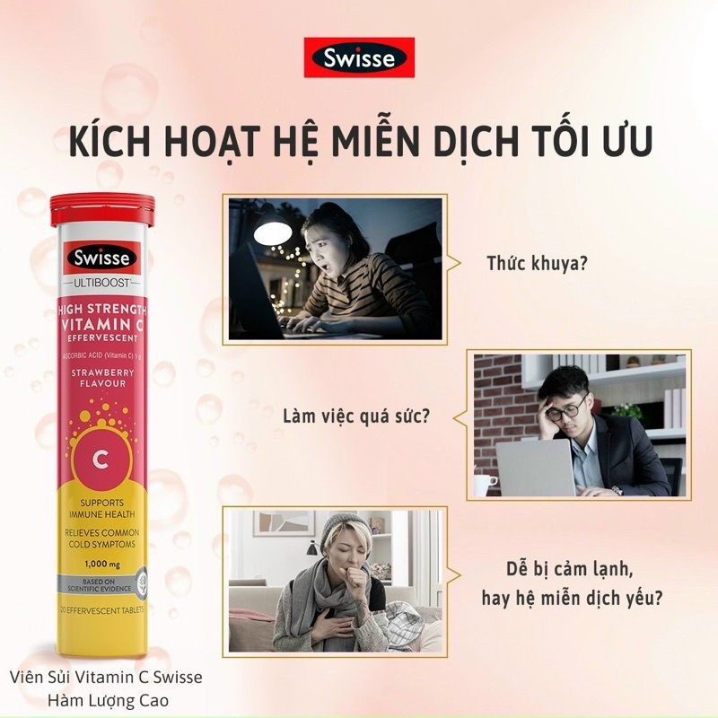 Viên sủi vitamin c 1000mg hàm lượng cao - swisse sigh strength vitamin C effervescent 1000mg hộp 3 tuýp x 20 viên úc