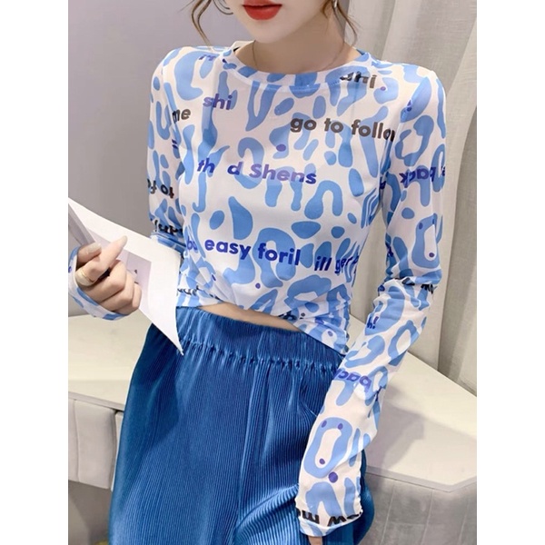 áo thun lưới mỏng dáng croptop oversize hoạ tiết da beo nổi bật (5979#)