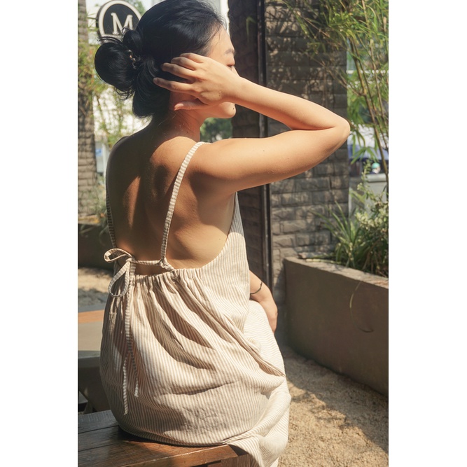 Đầm 2 dây linen thắt lưng kẻ sọc-  Đầm Bách Hợp - Youth Linen
