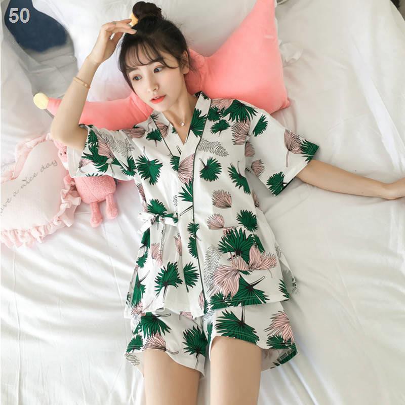 pyjama nữ sinh mùa hè phiên bản Hàn Quốc dễ thương mới rộng rãi lưới màu đỏ ngắn tay kimono hai dây - bộ đồ vest c