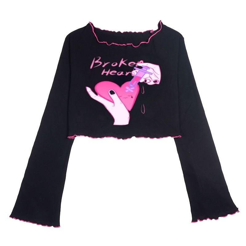 Áo Thun Tay Dài Dáng Rộng Màu Đen 2K croptop Y2K Millennium Phong Cách Harajuku Cá Tính Cho Nữ