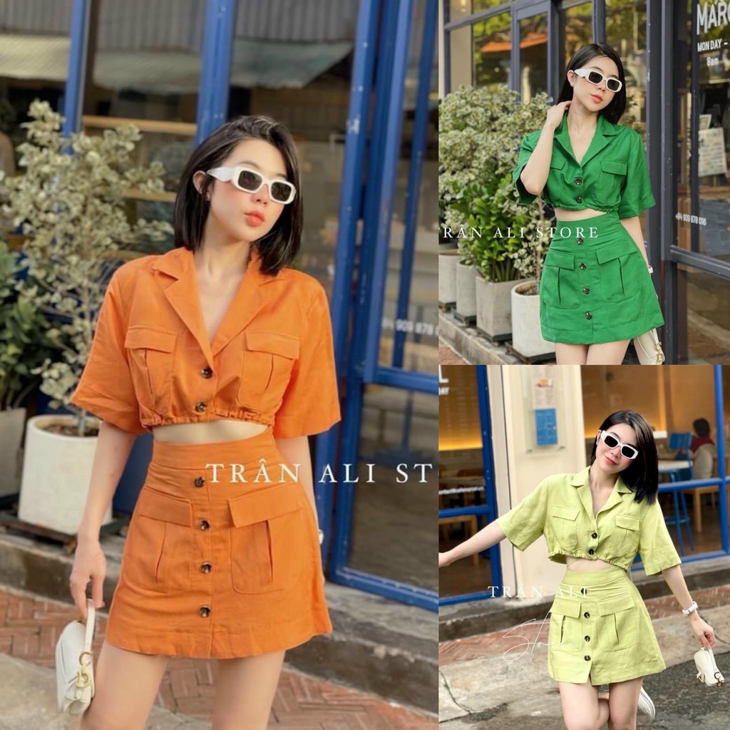 Sét bộ croptop nữ áo vest kết giây phối chân váy xòe hàng nút trẻ trung GKM