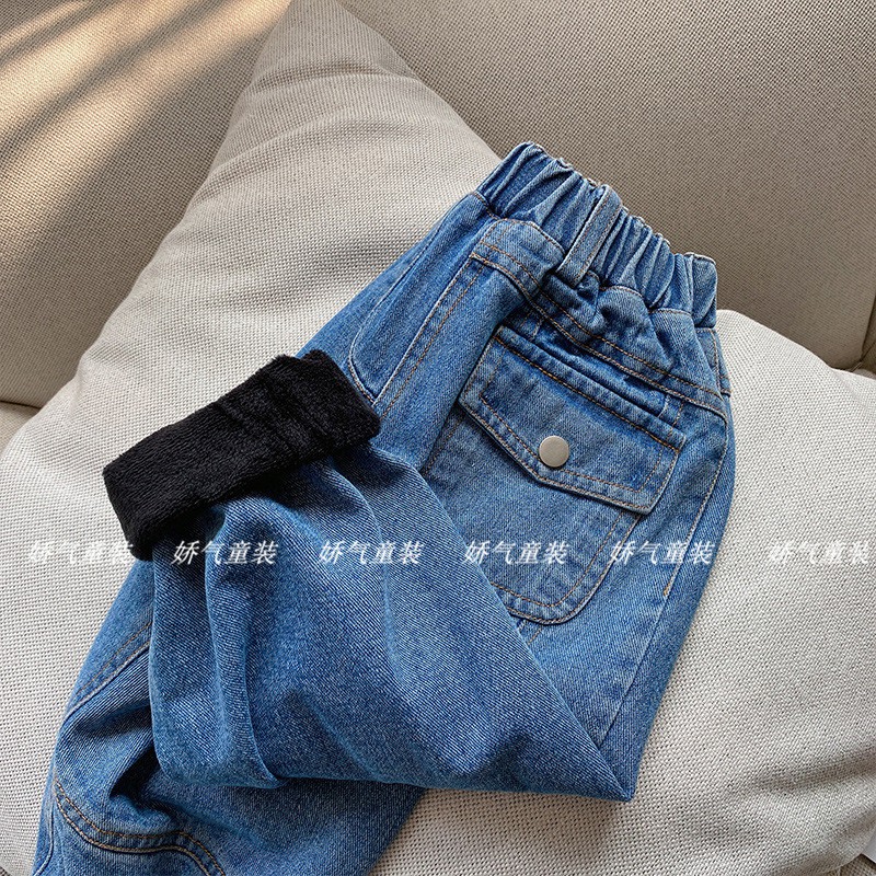 Quần jean ống suông phối lông nhung giữ ấm vào mùa đông kiểu Hàn Quốc cho bé trai