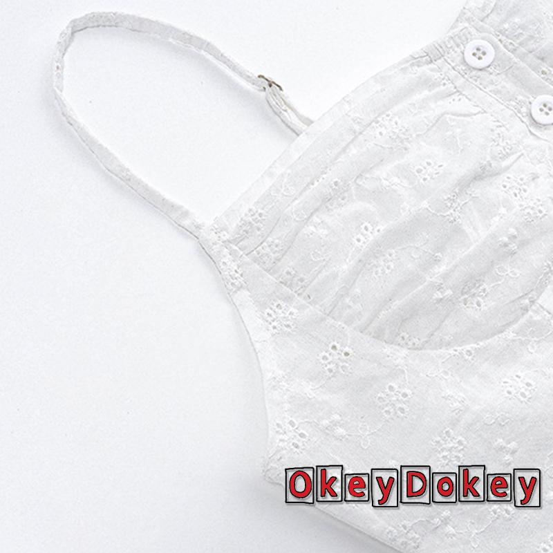 Áo Tank Top Hai Dây Mỏng Cài Nút Họa Tiết Hoa Khoét Rỗng Cho Nữ