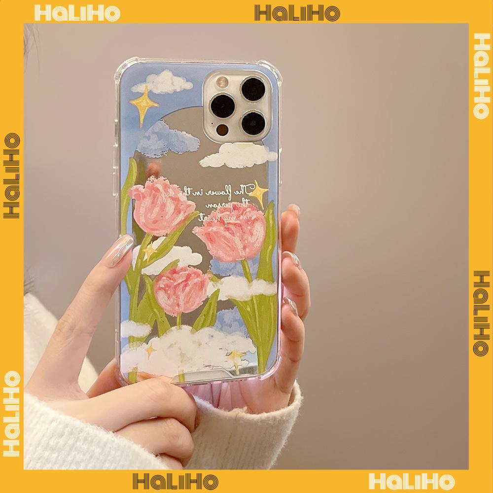 iPhone Case Acrylic HD Mirror Laser Airbag Shockproof Protection Camera Cute Oil Painting Pink Flowers Compatible For iPhone 11 iPhone 13 Pro Max iPhone 12 Pro Max iPhone 7 Plus xr