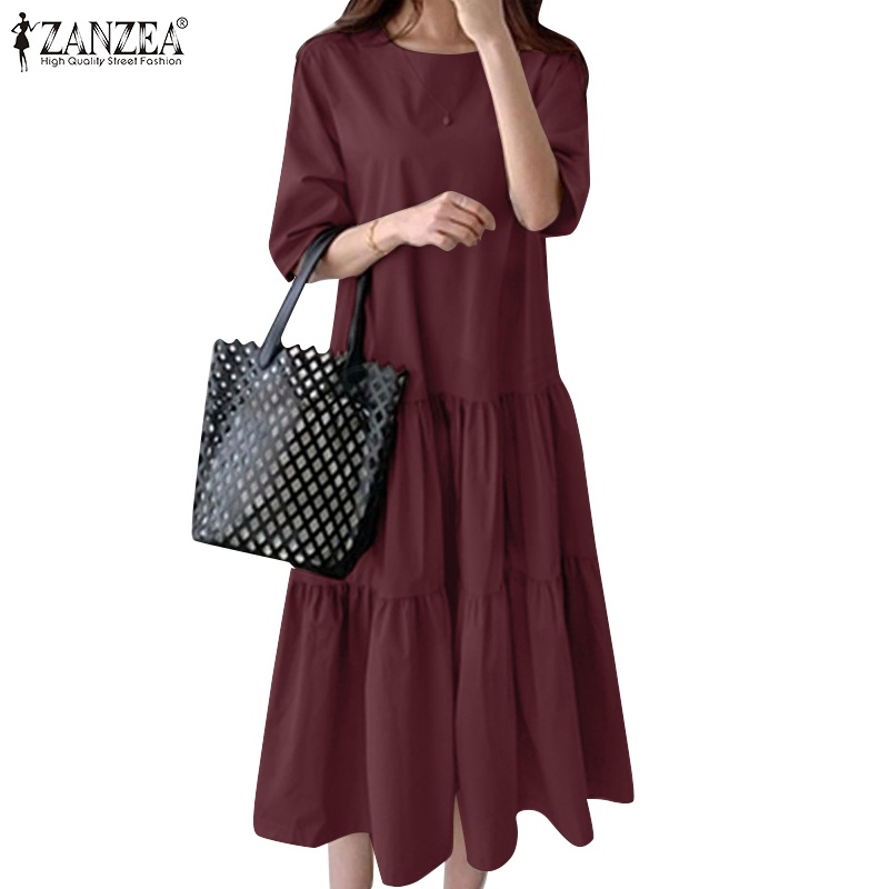 Đầm nữ ZANZEA tay lỡ cổ tròn thanh lịch thời trang