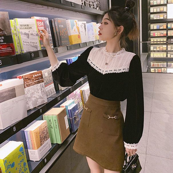 Áo Sweater Nhung Đen Tay Phồng Thời Trang Mùa Đông 2022 Mới Phong Cách Retro Cho Nữ