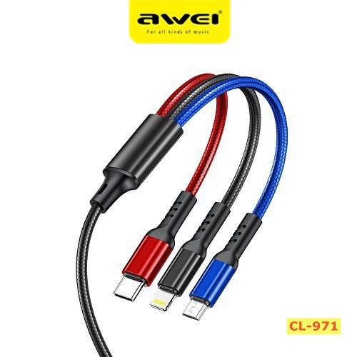 Cáp Sạc Nhanh Awei Cl-971 Dành Cho Huawei Samsung 3 Trong 1 Cổng Lightning / Type-c / Micro-usb 2.4a 1.2m