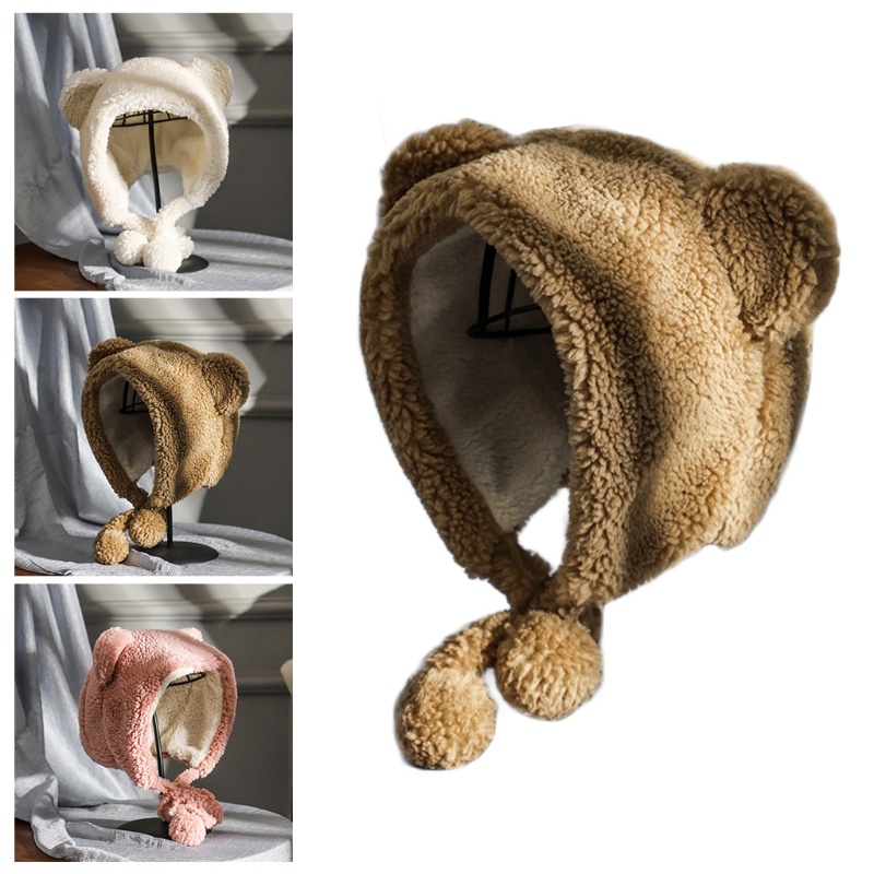 Mũ lông nhung dày dặn hình tai gấu có dây buộc cằm đính quả bông giữ ấm chống gió mùa đông cho nữ