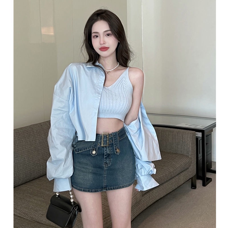 Áo Sơ Mi Tay Dài Dáng Rộng Cổ Polo Màu Xanh Dương Phong Cách Phương Tây Thời Trang Mùa Hè Mới 2022 Dành Cho Bạn Nữ