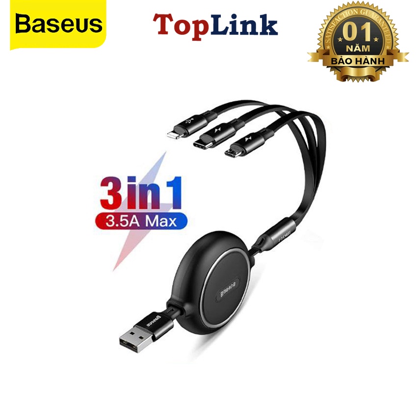 Dây Cáp Sạc Điện Thoại 3 đầu 3in1 Baseus Loại Dây Rút Sạc Điện Thoại Sạc 3.5a 66w 100w