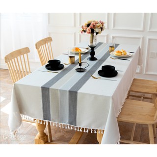 Khăn trải bàn Landecor nền trắng sọc kem xám sang trọng - TB453