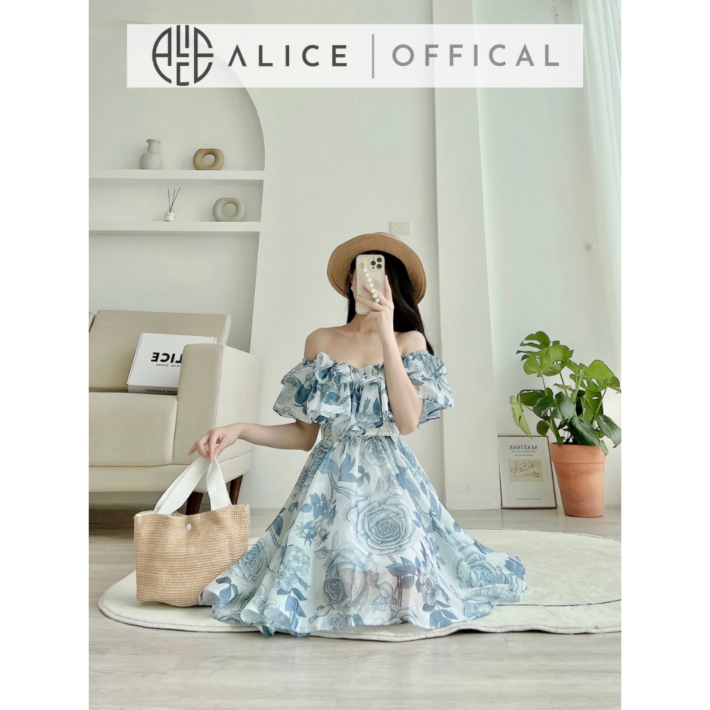 Đầm Trễ Vai Tiểu Thư ALICE Chất Vải Tơ Óng Lót Lụa Mềm Mát Dáng Xòe Bèo Ngực Quyến Rũ V828