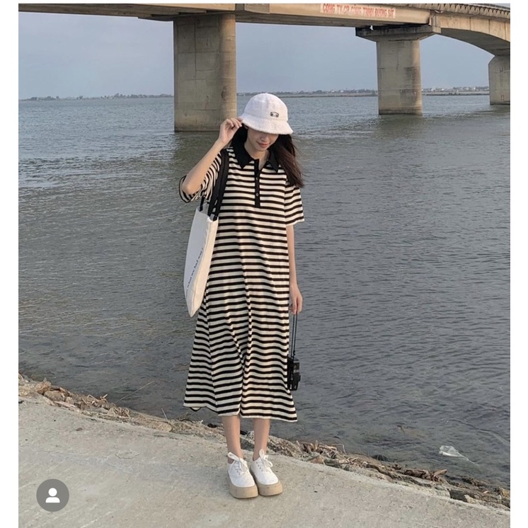 Đầm dáng suông cổ bẻ basic, Váy Suông Dáng Dài Cổ Polo Mặc Thu Đông