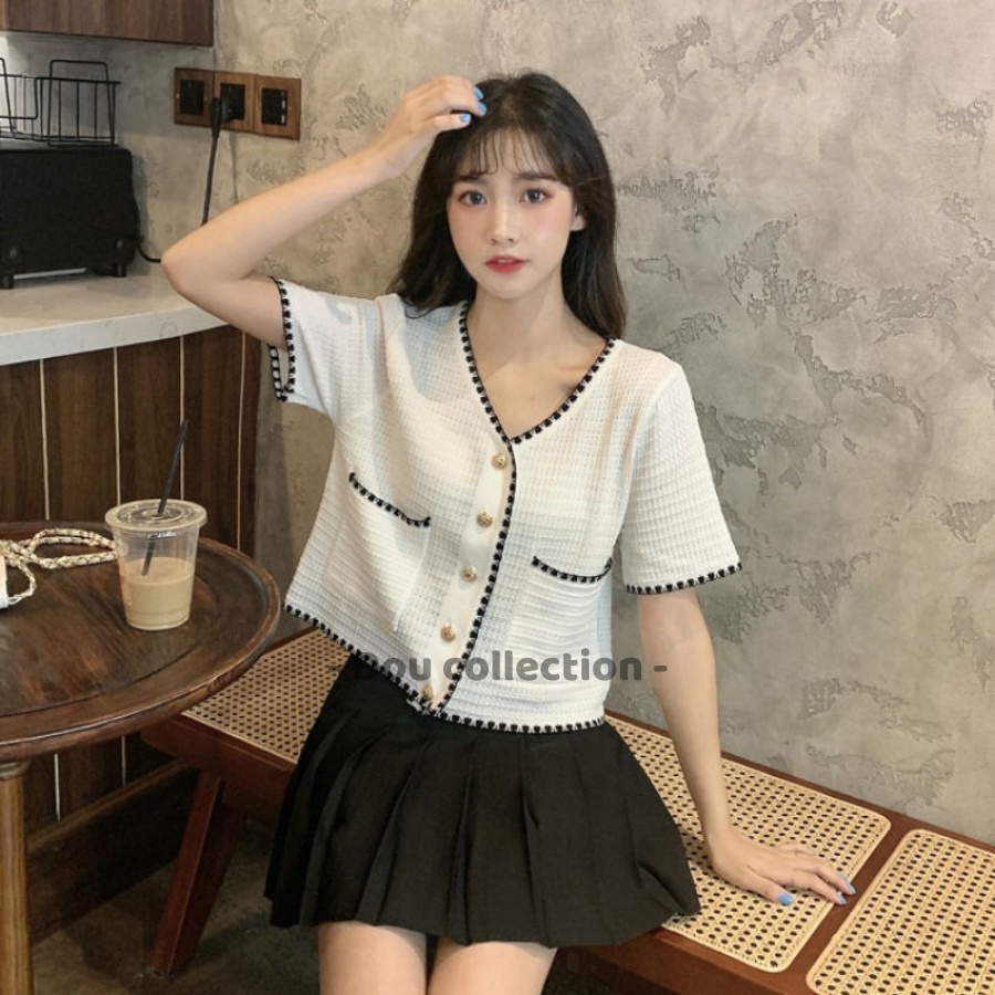 [Nowship2h] Áo Sơ Mi Cộc Dệt Kim Cao Cấp Tay Ngắn Cổ V, Áo Len Tay Ngắn Retro Phong Cách Hàn Quốc - Mã TA011