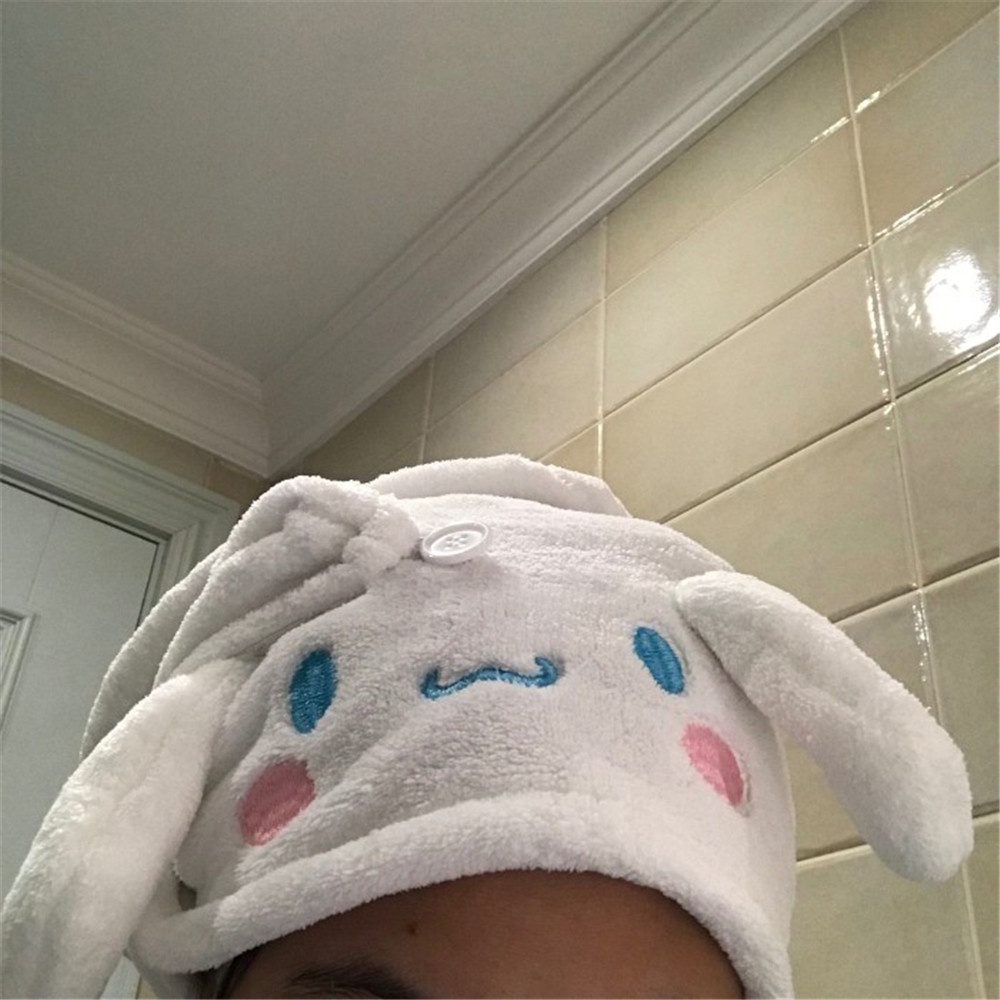 Khăn Tắm Trùm Đầu Vải Lông Cừu San Hô Nhanh Khô Đính Tai Thỏ Dễ Thương Cho Nữ