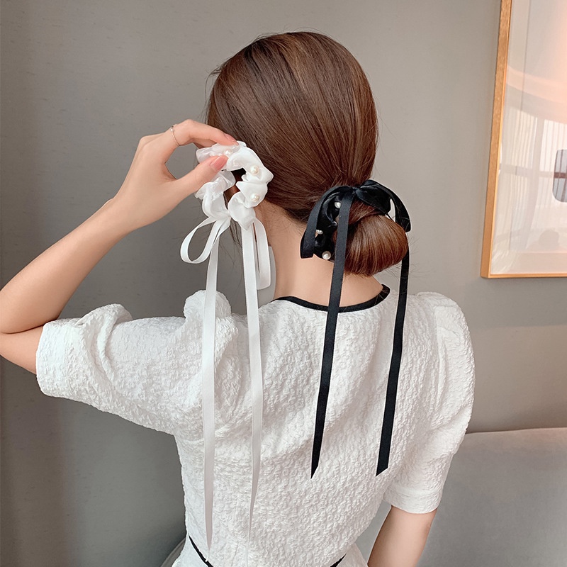 Dây buộc tóc co giãn thắt nơ đính ngọc trai phong cách Hàn Quốc cho nữ