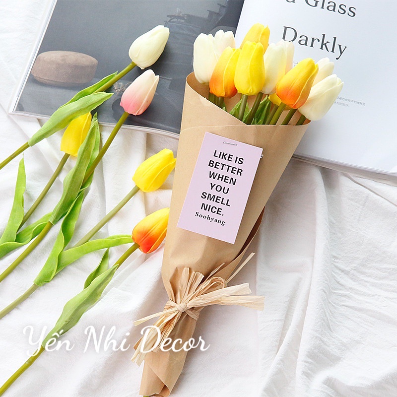 Hoa Tulip nhiều màu sắc 33cm ( lá xoăn loại 1 ) giống thật trang trí decor ( hoa giả - giá 1 cành)