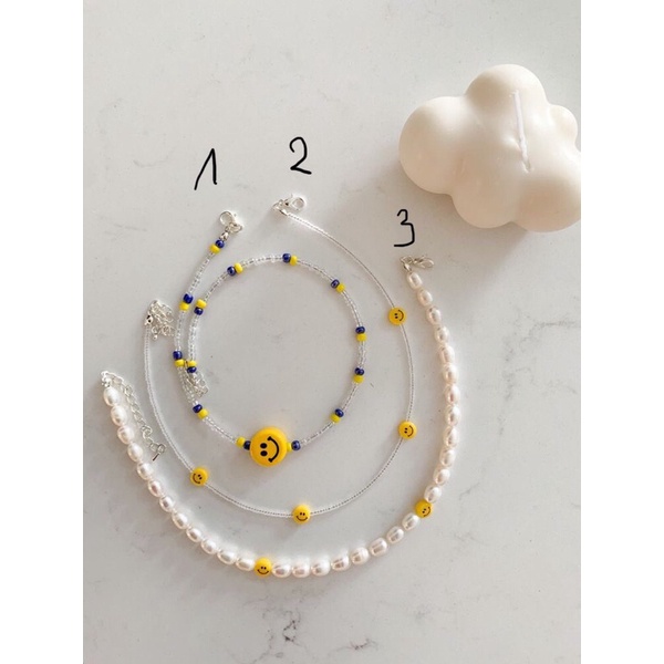 Set Vòng cổ chocker, vòng tay và nhẫn hạt cườm hình mặt cười handmade màu xanh vàng xinh xắn