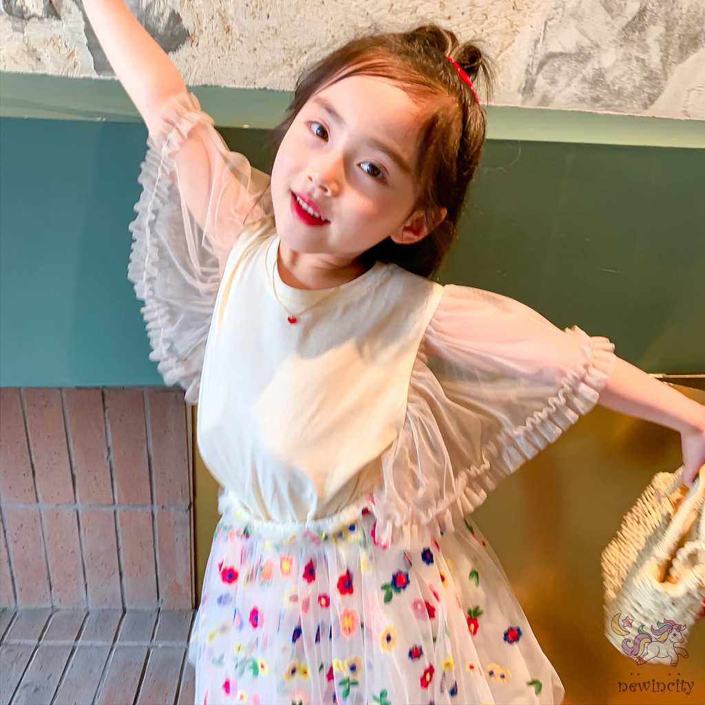 Bộ Áo Cánh Tiên Phối Ren + Chân Váy Lưới Thêu Hoa Thời Trang Dành Cho Bé Gái