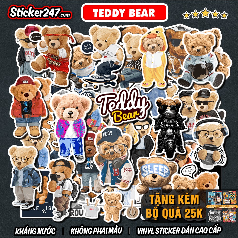 Sticker Teddy Bear Gấu Cute 𝑭𝒓𝒆𝒆𝒔𝒉𝒊𝒑 Sticker Dán Mũ Bảo Hiểm, Dán Vali, Đàn Guitar - Hình Dán Chống Thấm Nước