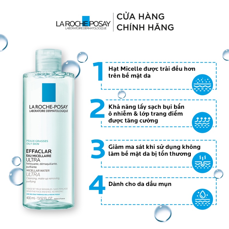 Bộ đôi nước làm sạch sâu và tẩy trang dành cho da mụn, da dầu nhạy cảm Efffaclar Micellar Water 400ml