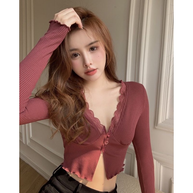 Áo khoác len Cardigan dáng croptop ôm body cổ chữ v phối viền ren có khuy cài