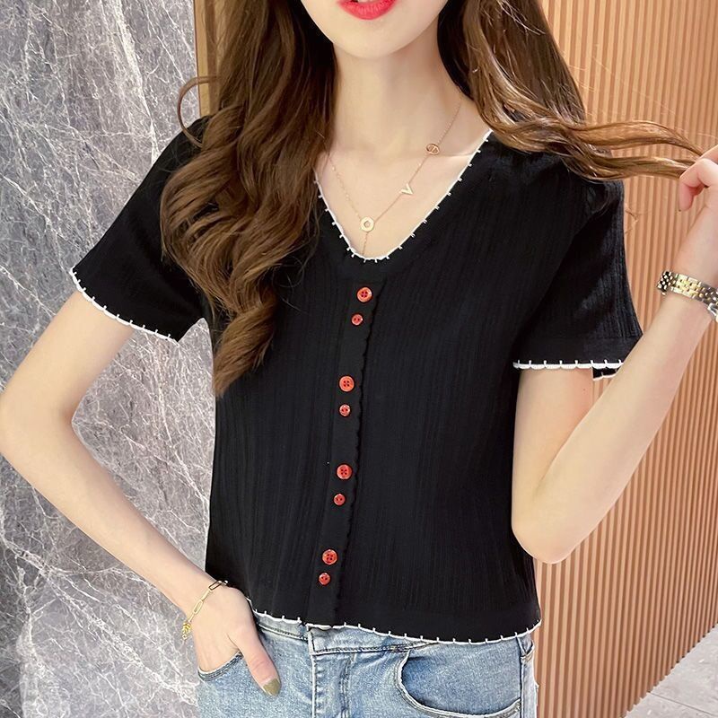 Áo Dệt Kim Tay Ngắn Cổ Chữ v Chất Liệu Lụa Mát Cao Cấp Thời Trang