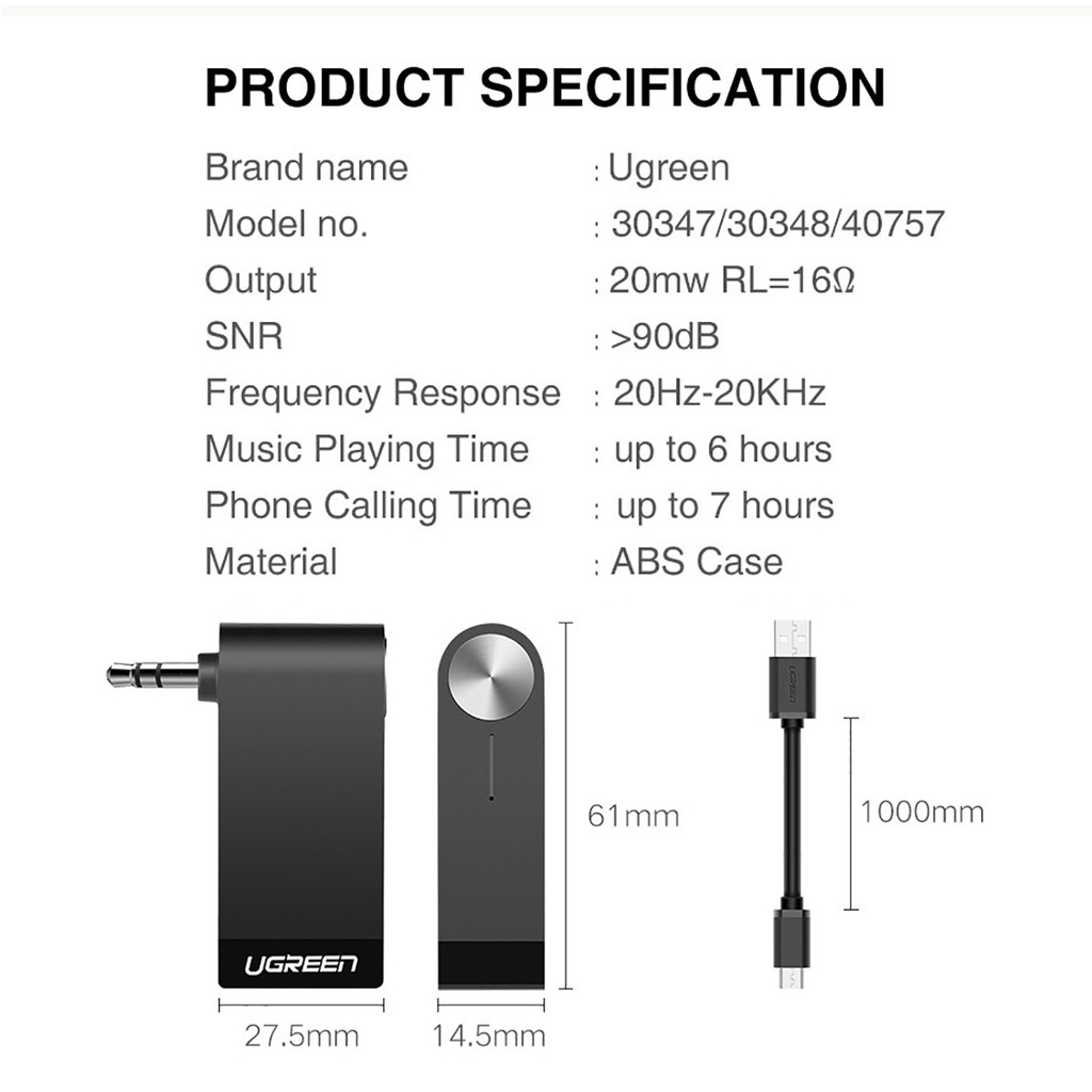 [Mã ELHACE giảm 4% đơn 300K] Thiết Bị Nhận Bluetooth Audio 3.5mm Hỗ trợ Mic đàm thoại Cao Cấp UGREEN