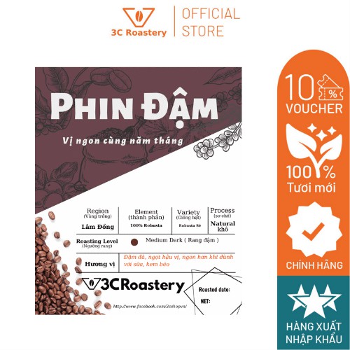 Cà phê Phin Bột nguyên chất  PHIN ĐẬM sơ chế khô - 3C Roastery