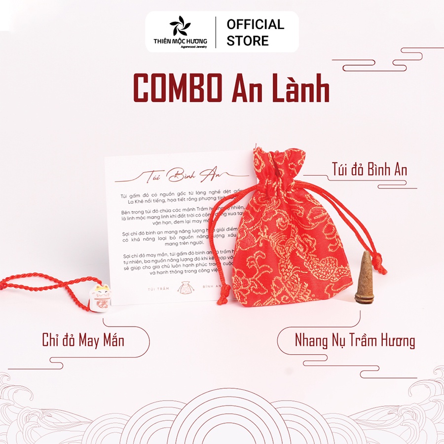 Combo An Lành : Túi trầm Bình An, vòng tay chỉ đỏ may mắn và nhang nụ trầm hương tự nhiên cao cấp - Thiên Mộc Hương