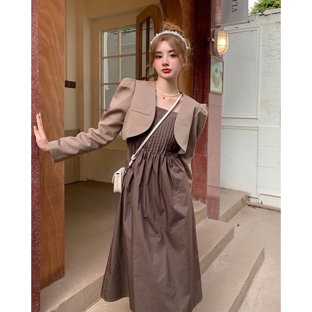 Đầm dáng suông+vest Croptop Ulzzang