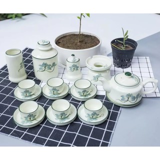 BỘ ẤM CHÉN SEN XANH DÁNG DẸT SIÊU ĐẸP - GỐM SỨ BÁT TRÀNG CAO CẤP.