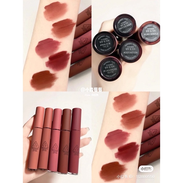 Son Kem Lì 3CE Velvet Lip Tint - Mẫu 2021- bitter hour - Walk N Talk -Cashmere Nude-Definition-Like Gentle