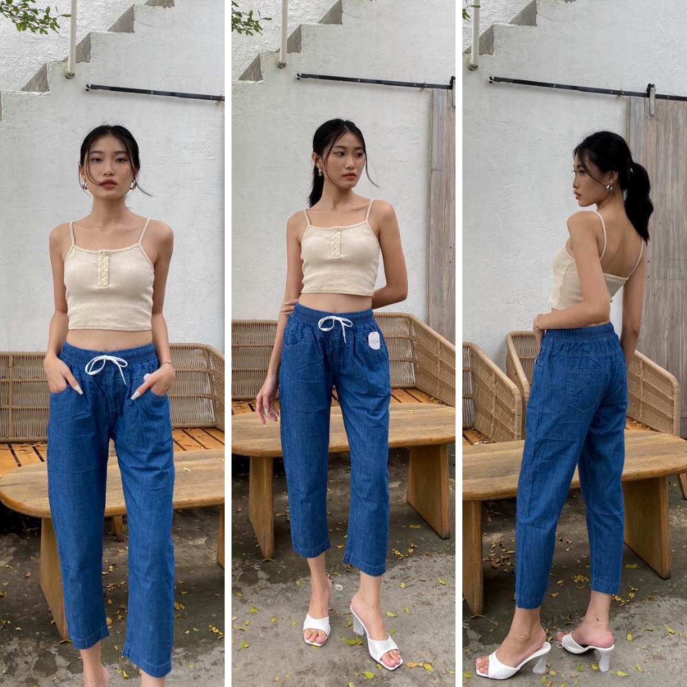 Quần jean baggy giấy nữ lưng chun màu sắc xanh đậm size 40-54 kg