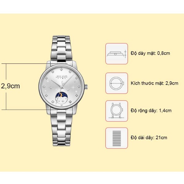 Julius Official | Đồng hồ nữ Julius  Star JS-029 kính Sapphire dây inox size 29