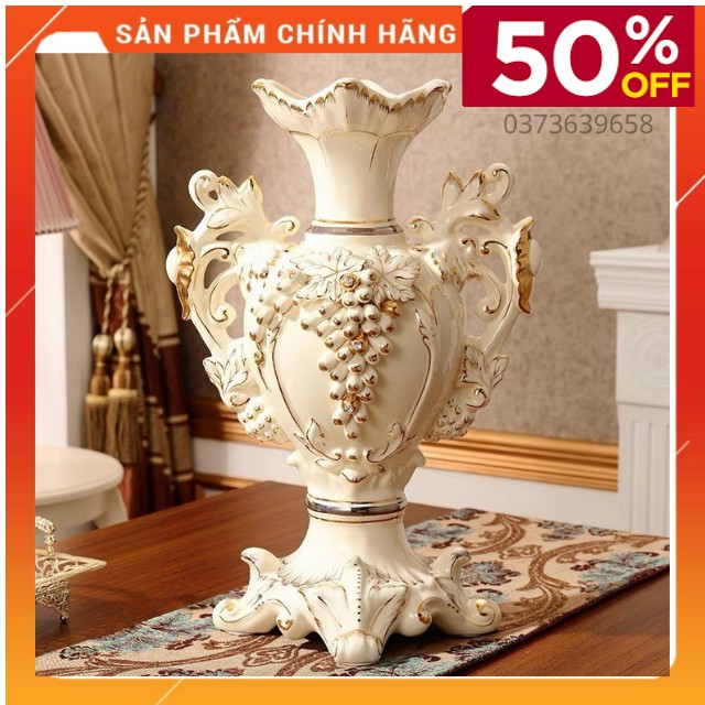 Lọ Hoa Gốm Trắng Viền Vàng Nhập Khẩu -Bình Cắm Bông -Phong Cách Châu Âu Họa Tiết Trái Nho 3D Nổi Sang Chảnh Độc Đáo