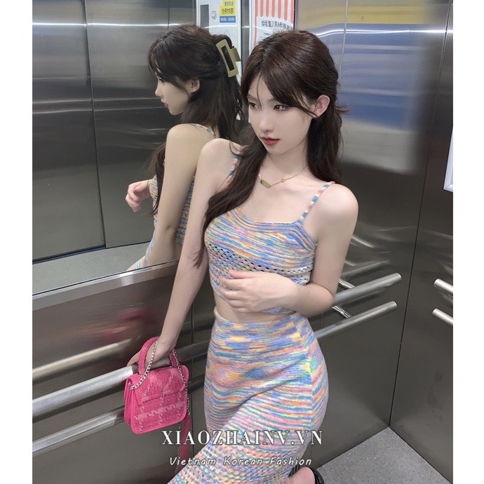 Bộ Áo Croptop Màu Nhuộm + Chân Váy Dài Lưng Cao Kiểu Hàn Quốc Thiết Kế Quyến Rũ Cho Nữ