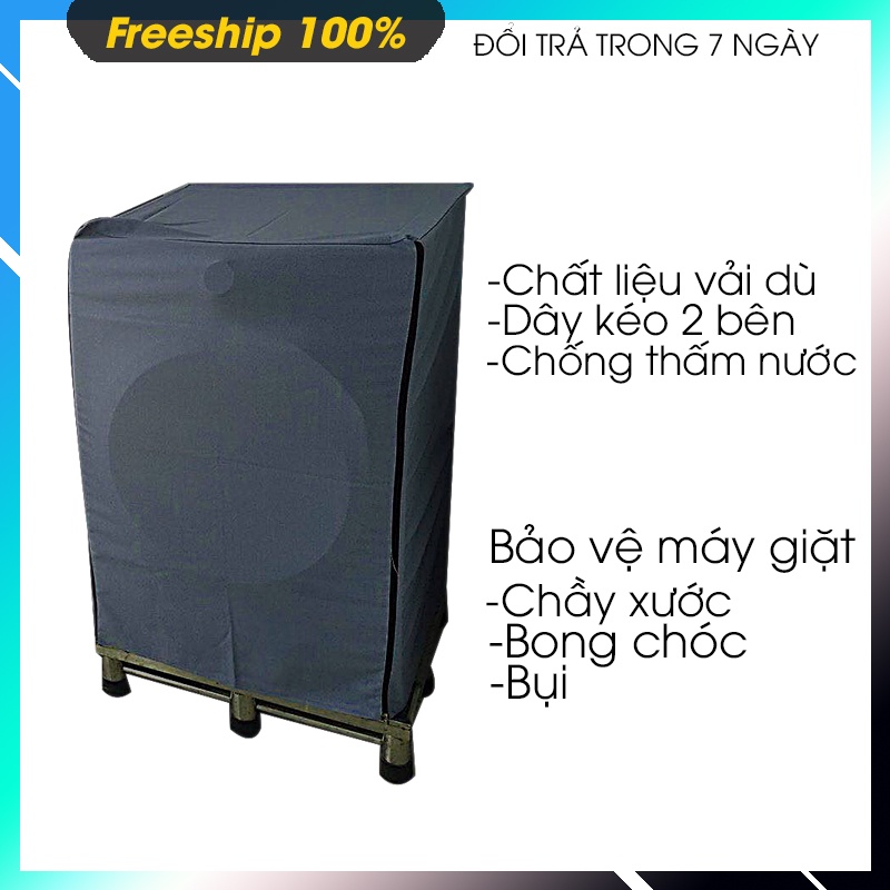 Bọc máy giặt cửa trên và ngang , chất liệu vải dù chống thấm nặng 0.4 kg,có dây kéo, có dây ràng, có viền , bền đẹp.