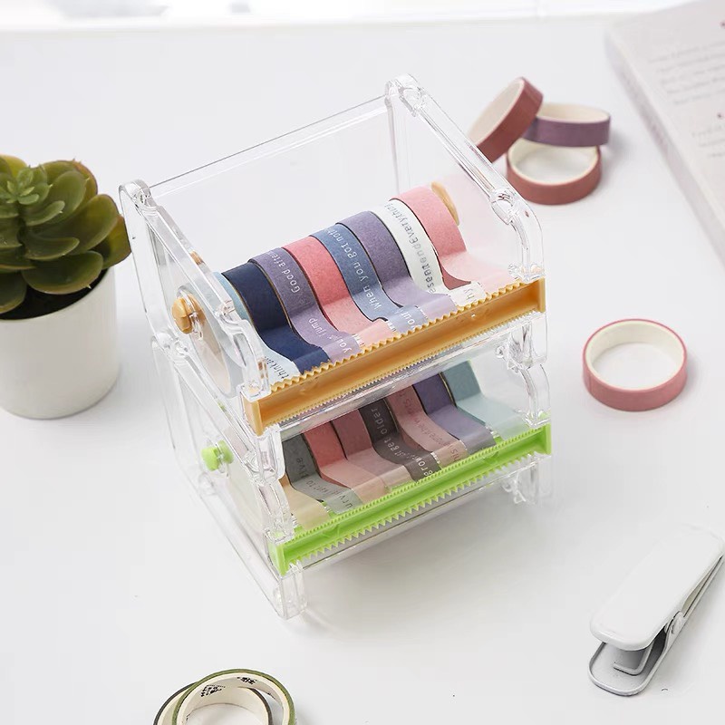 Hộp cắt washi tape Béo shop đựng cắt băng dính đa năng mini bằng nhựa Acrylic trong suốt size lớn 2 lưỡi dao tiện lợi