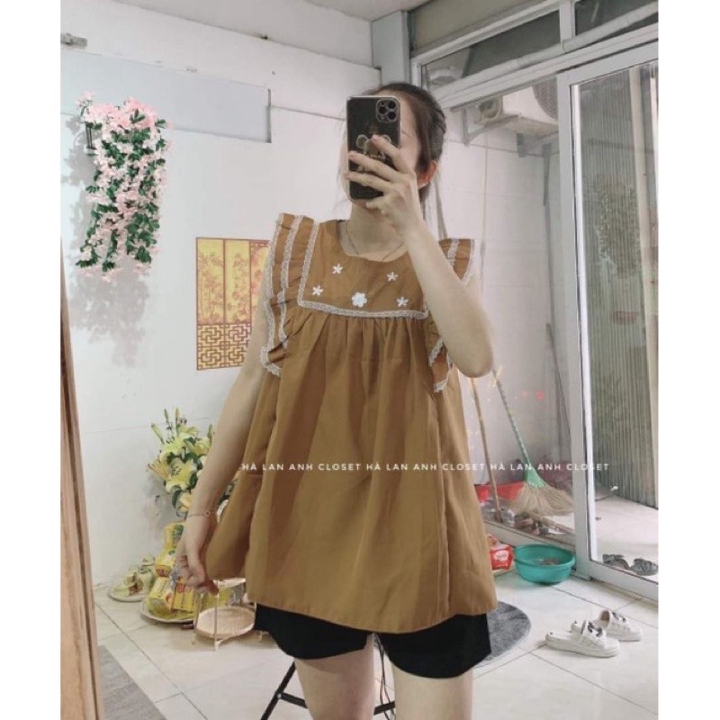 Áo bầu TK tay cánh tiên, cổ bèo hoa thêu xinh xắn mềm mát AH10