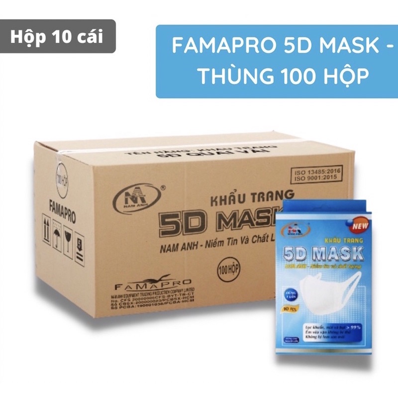 Sỉ 1 thùng 100 hộp 5d mask Famapro quai vải/khẩu trang 5d Nam Anh (10 cái/hộp)