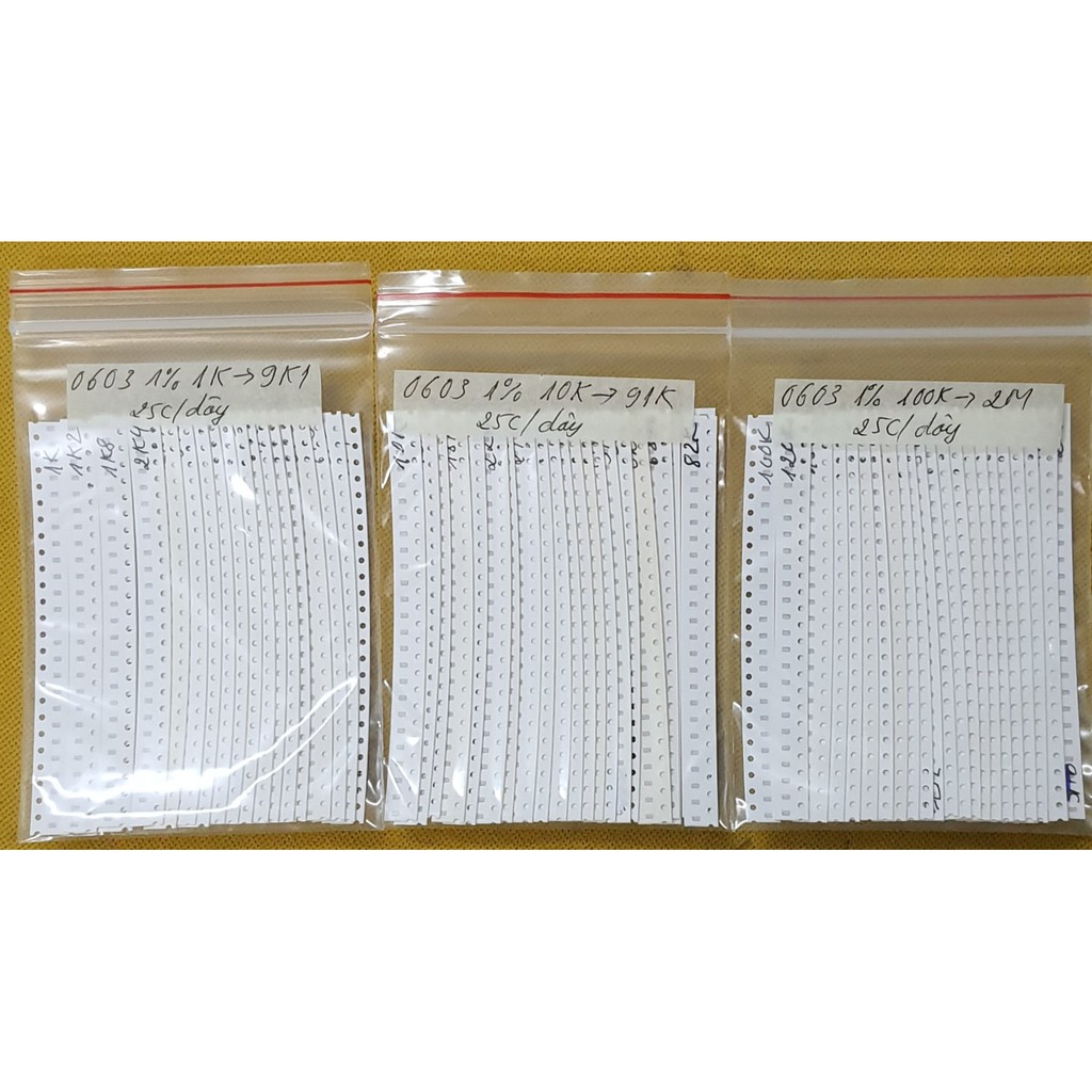 100 CHIẾC  TRỞ DÁN 0603 1% TỪ 3K6, 3K9, 4K3, 4K7, 5K1, 5K6, 6K8, 7K5, 8K2, đến 9K1