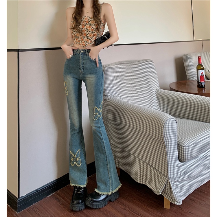 Quần Jean Lưng Cao Co Dãn Với Họa Tiết Thêu Hình Con Bướm Theo Phong Cách Retro Hợp Thời Trang