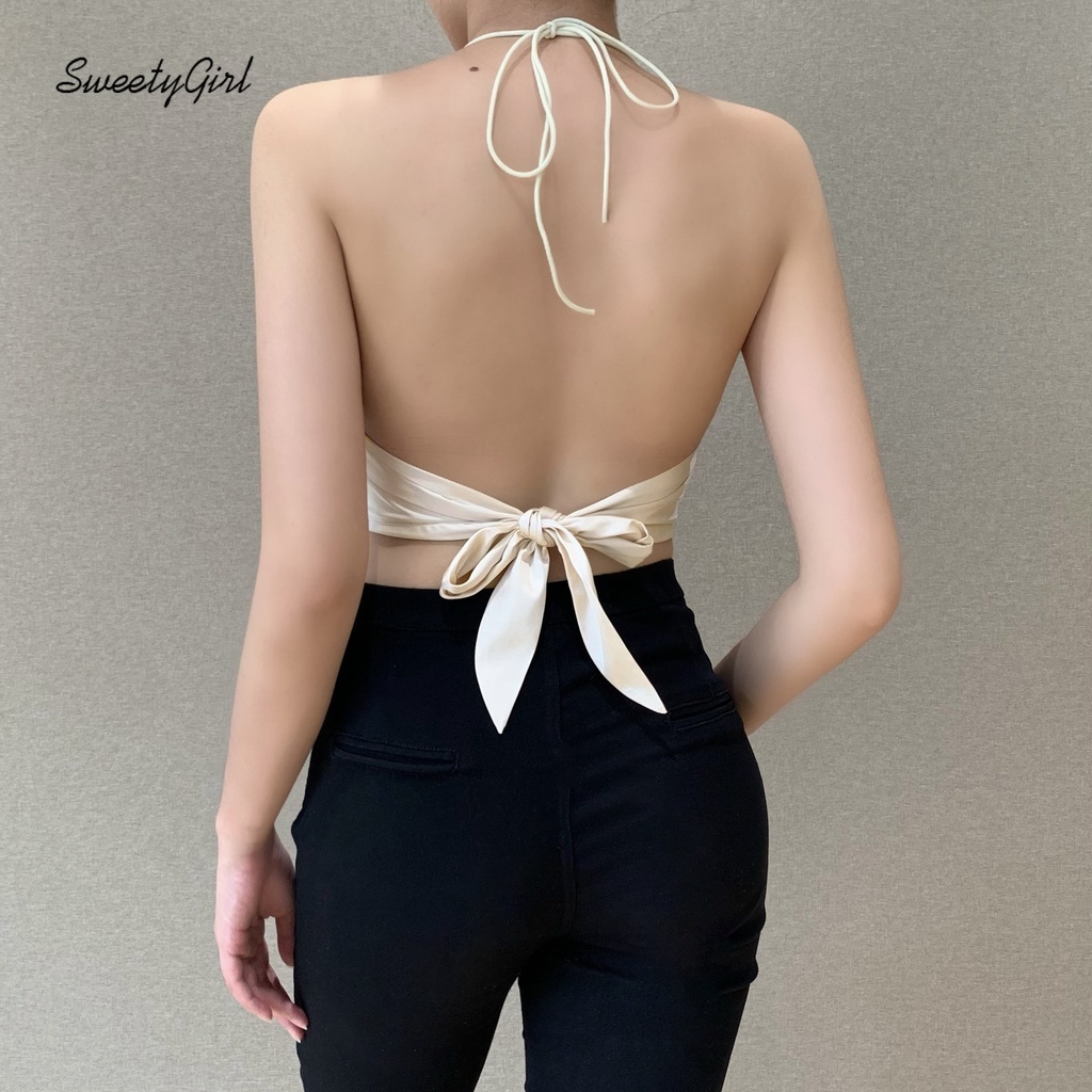 Áo Tank Top Cổ Chữ V Hở Lưng Màu Trơn Thời Trang Quyến Rũ Cho Nữ